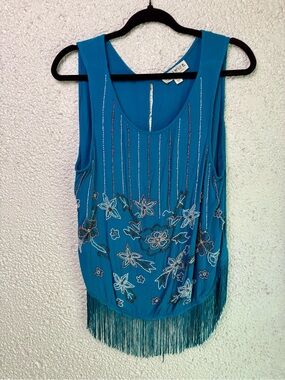 Idyllwind Teal Beaded Floral Fringe Tank Top L